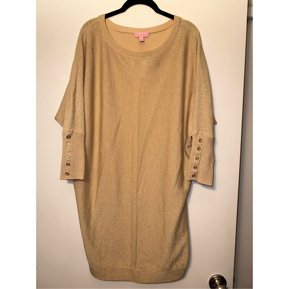 Lilly Pulitzer Medium Merino Wool Blend Gold Sparkle Womens Sweater Dress EUC